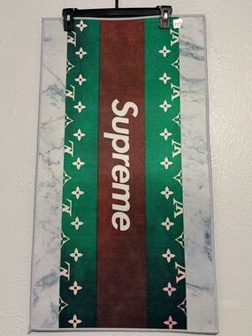 Supreme Logo Pattern Cotton Blend Hand Towel Green Brown White 32x18 in